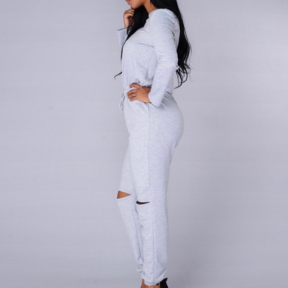 NWOT Fashion Nova Grey Sweats Jumpsuit w/ Slits - Picture 4 of 8